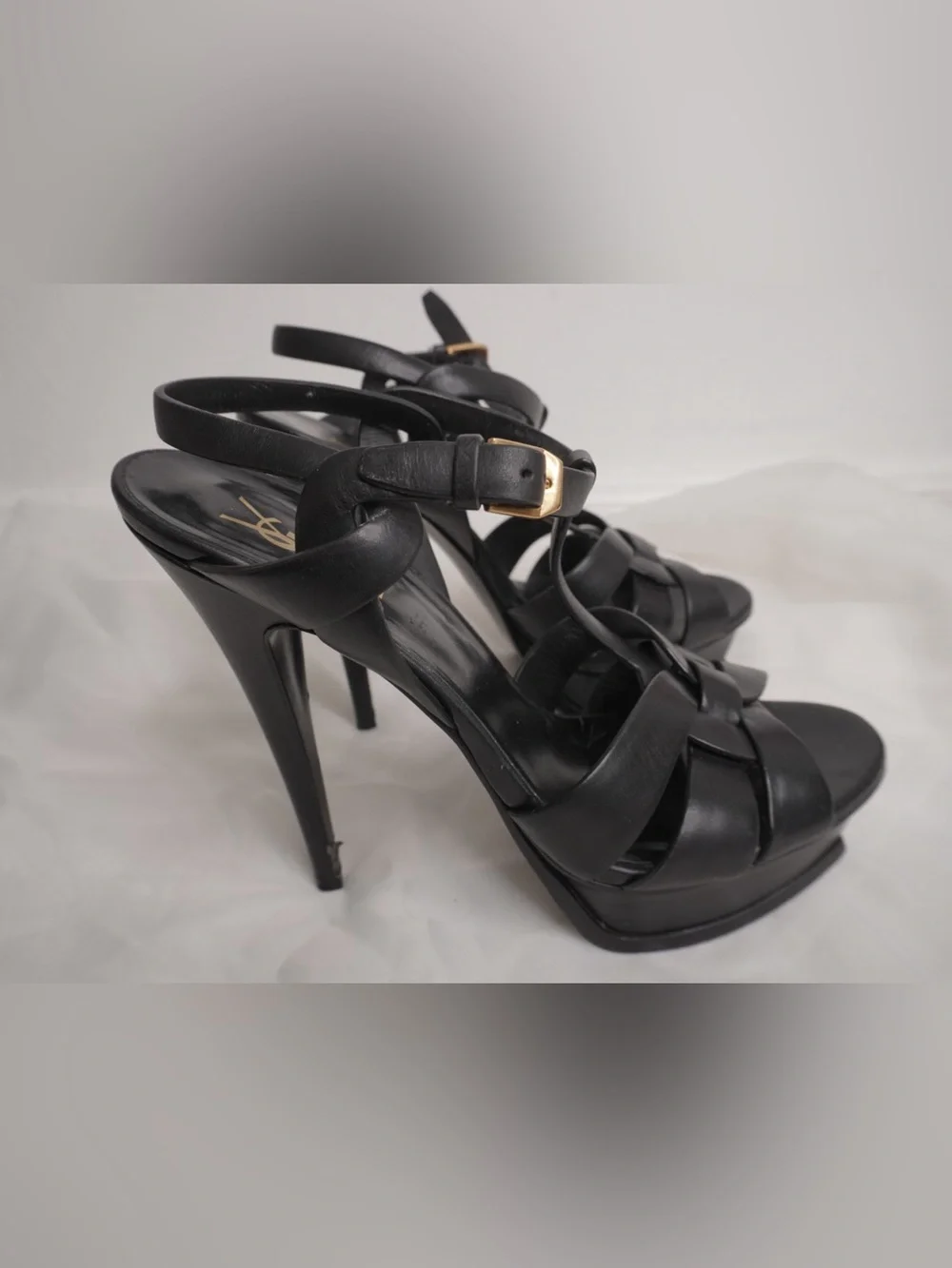 Saint Laurent Black Leather Woven T-Strap Platform Heels - Picture 3 of 12
